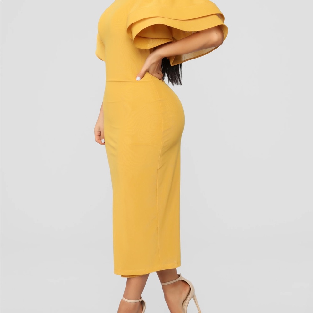 Fashion Nova Mustard Yellow Midi Dress with Ruffle Sleeves - Picture 4 of 6